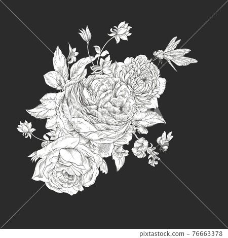 Gentle vintage floral illustration. Bonanical flowers. Regency greeting card Gentle vintage floral illustration. Bonanical flowers. Regency greeting card 76663378