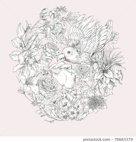 Gentle vintage floral illustration. Bonanical flowers. Regency greeting card Gentle vintage floral illustration. Bonanical flowers. Regency greeting card 76663379