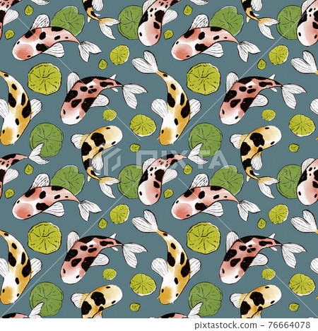 Watercolor sketch Koi - japanese amur carp seamless pattern with lotus plant 76664078