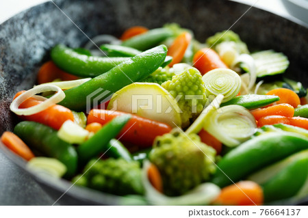 Vegan vegetables on pan on table 76664137
