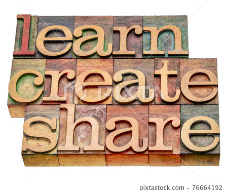 learn, create, share - isolated word abstract in wood type 76664192