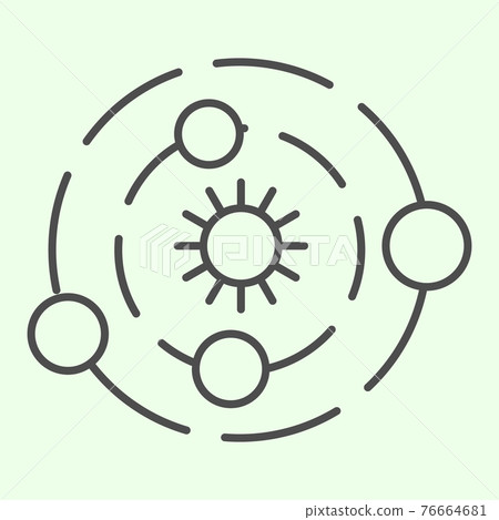 Solar system thin line icon. Universe with planets and sun symbol in center outline style pictogram on white background. Astrology and cosmos signs for mobile concept and web design. Vector graphics. 76664681