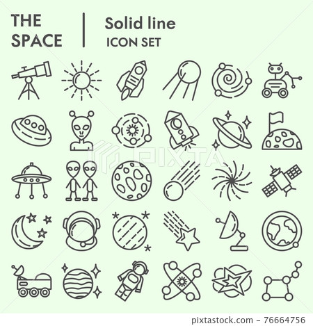 Space line icon set, universe symbols set collection or vector sketches. Cosmic signs set for computer web, the linear pictogram style package isolated on white background, eps 10. 76664756