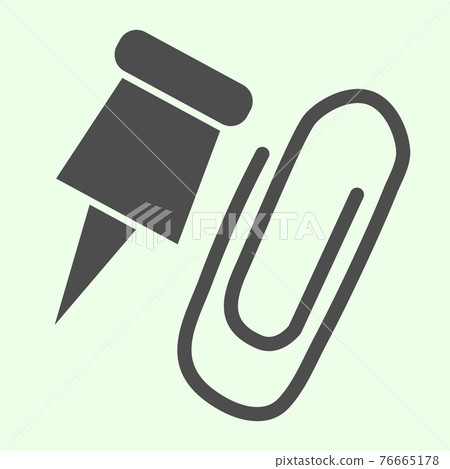 Paper clip solid icon. Paperclip and pushpin glyph style pictogram on white background. Office stationery for mobile concept and web design. Vector graphics. 76665178