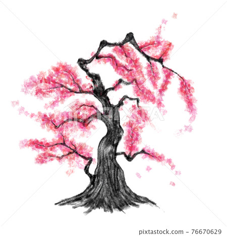 Large tree with peach blossoms, ink painting style 76670629