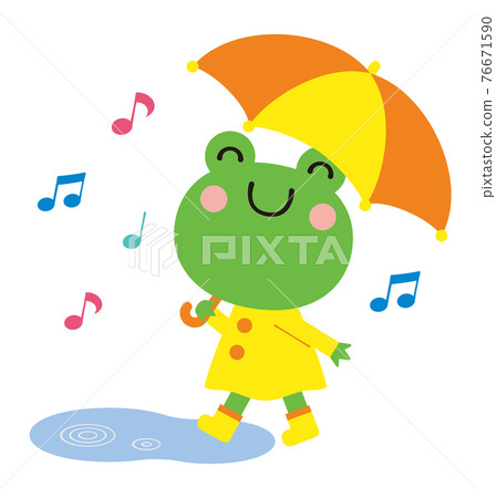 Illustration of a frog with an umbrella and a puddle during the rainy season 76671590