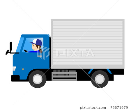 Female driver driving a truck, small van body type 76671979