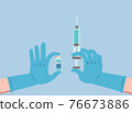 Doctor, nurse, scientist hand in blue rubber gloves holding bottle of vaccine and syringe 76673886
