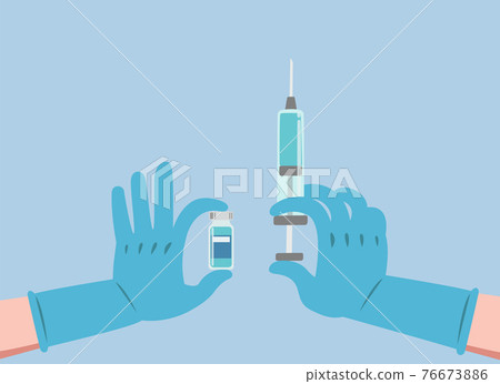 Doctor, nurse, scientist hand in blue rubber gloves holding bottle of vaccine and syringe Doctor, nurse, scientist hand in blue rubber gloves holding bottle of vaccine and syringe 76673886