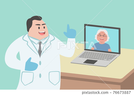 Male doctor using laptop computer online video call remote talking to senior woman patient 76673887