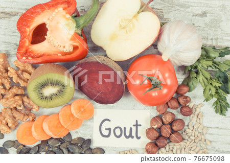 Food for kidneys health and gout inflammation. Healthy eating as source vitamins Food for kidneys health and gout inflammation. Healthy eating as source vitamins 76675098