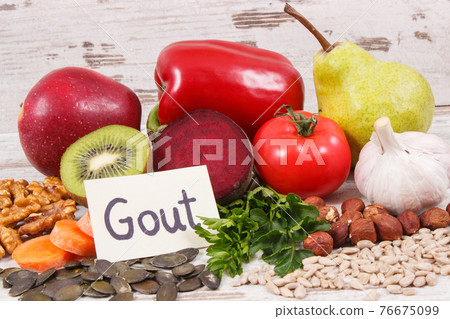 Food for kidneys health and gout inflammation. Healthy eating as source vitamins Food for kidneys health and gout inflammation. Healthy eating as source vitamins 76675099