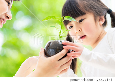 母親和女孩觀察植物 環境形象 母親和女孩觀察植物 環境形象 76677171