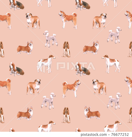 Beautiful seamless pattern with cute watercolor hand drawn dog breeds Cocker spaniel Greyhound Basset hound Poodle Bulldog and Welsh corgi pembroke . Stock illustration. 76677252