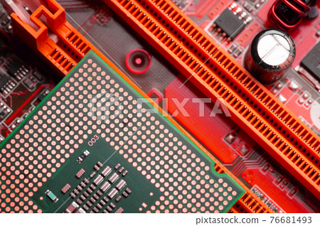 close-up of a printed circuit board with microchips and radio parts with a processor. Background for electronics 76681493
