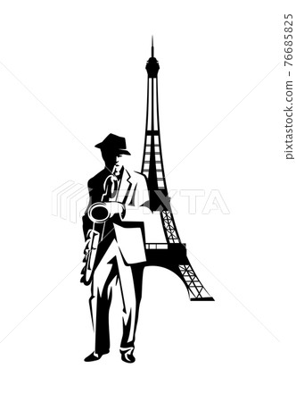 saxophone jazz man playing music standing by eiffel tower black and white vector portrait saxophone jazz man playing music standing by eiffel tower black and white vector portrait 76685825