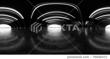360 panorama spherical view of industrial factory hall 3d render illustration with dark concrete surface futuristic industrial design vr hdr hdri style 76686431