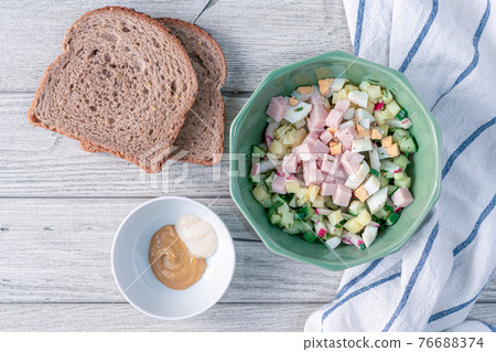 Traditional russian cold soup okroshka ingredients  76688374