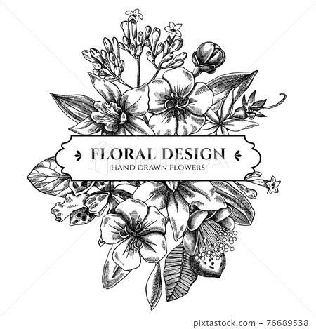 Floral bouquet design with black and white laelia, feijoa flowers, glory bush, papilio torquatus Floral bouquet design with black and white laelia, feijoa flowers, glory bush, papilio torquatus 76689538