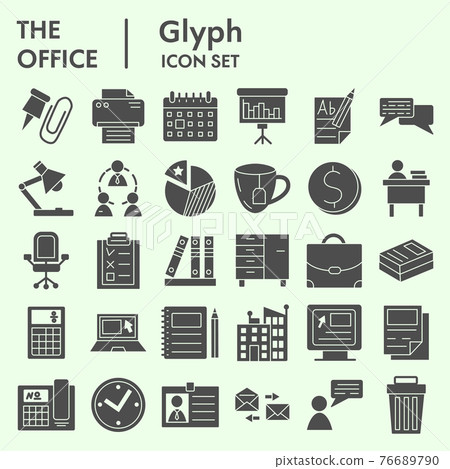 Office solid icon set. Company symbols collection or sketches. Business sign for web and mobile concept, glyph style pictogram package isolated on white background. Vector graphic. Office solid icon set. Company symbols collection or sketches. Business sign for web and mobile concept, glyph style pictogram package isolated on white background. Vector graphic. 76689790