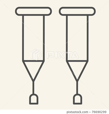 Crutches thin line icon. Stick with a crosspiece for lame person outline style pictogram on white background. Medical walking crutch pair for mobile concept and web design. Vector graphics. Crutches thin line icon. Stick with a crosspiece for lame person outline style pictogram on white background. Medical walking crutch pair for mobile concept and web design. Vector graphics. 76690299