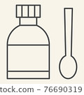 Medical Syrup thin line icon. Medicine bottle and measuring spoon outline style pictogram on white background. Cough mixture for mobile concept and web design. Vector graphics. 76690319
