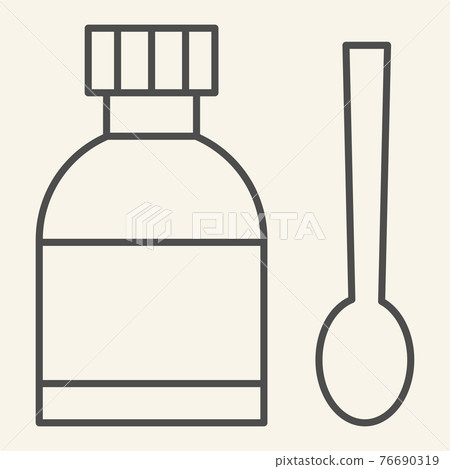 Medical Syrup thin line icon. Medicine bottle and measuring spoon outline style pictogram on white background. Cough mixture for mobile concept and web design. Vector graphics. Medical Syrup thin line icon. Medicine bottle and measuring spoon outline style pictogram on white background. Cough mixture for mobile concept and web design. Vector graphics. 76690319