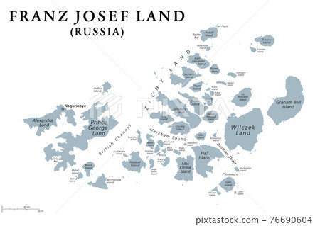 Franz Josef Land, gray political map. Russian archipelago in the Arctic Ocean, northernmost part of Arkhangelsk Oblast, largest island Prince George Land, and air base Nagurskoye. Illustration. Vector 76690604