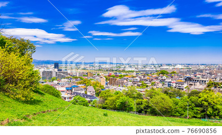 從新鮮的綠色山丘看住宅區 從新鮮的綠色山丘看住宅區 76690856