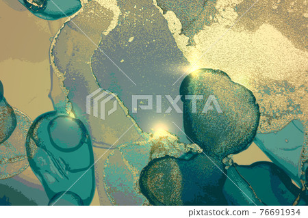 Turquoise and gold abstract background. Alcohol ink marble texture Turquoise and gold abstract background. Alcohol ink marble texture 76691934