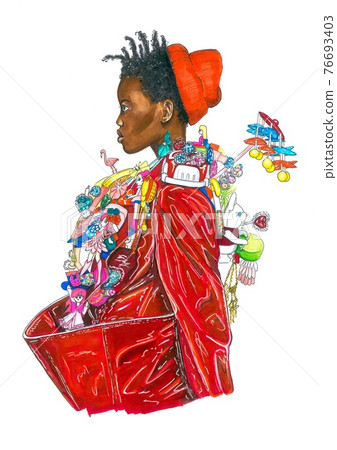 Hand-drawn fashion colorful illustration sketch of imaginary girl with dreadlocks, in orange wool hat, red latex  coat, with multicolored toys, bijou, bright decorations on white background 76693403