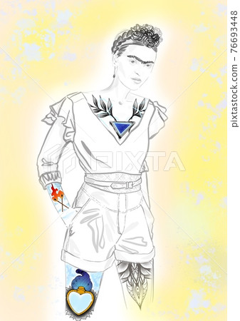 Hand-drawn abstract illustration of the image Frida Kahlo in modern style, with bright tattoos, braids hairstyle decorated flowers, in shorts and blouse, on abstract multicolored background 76693448