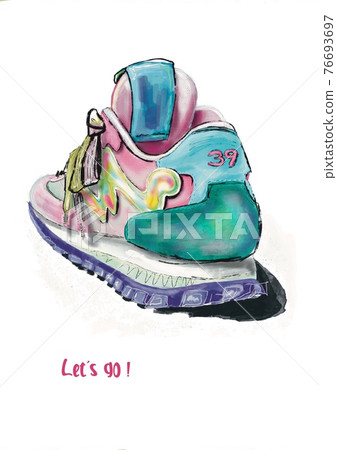 Hand-drawn bright colorful stylized fashion illustration of imaginery sport footwear - an abstract sneaker. Sport lovers gift postcard. Hand-drawn bright colorful stylized fashion illustration of imaginery sport footwear - an abstract sneaker. Sport lovers gift postcard. 76693697