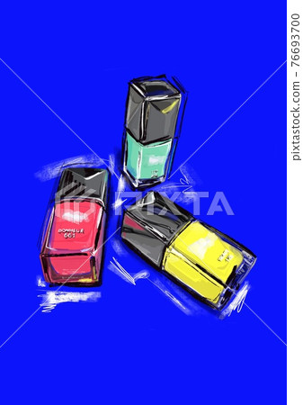Hand-drawn bright colorful stylized fashion illustration of nail polish bottles with numbers 208, 661,120, a fashion still life on a blue background. Fashion gift postcard 76693700