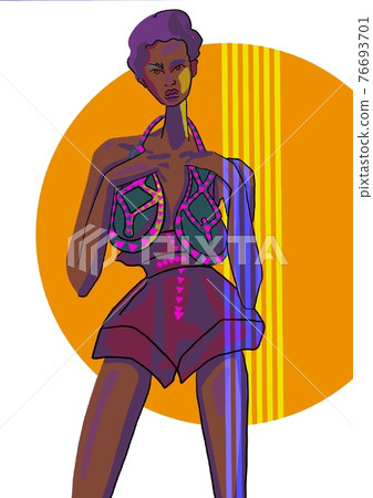 Hand-drawn bright neon colorful stylized fashion illustration of imaginary female afro model in trendy outfit: beach suit and sandals on abstract geometric art background Hand-drawn bright neon colorful stylized fashion illustration of imaginary female afro model in trendy outfit: beach suit and sandals on abstract geometric art background 76693701
