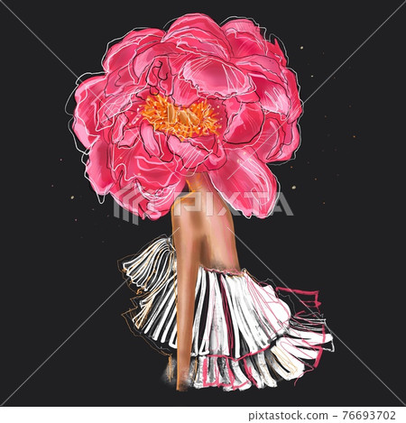 Hand-drawn abstract fantasy fashion illustration of an imaginary female faceless model in a white fluffy dress with a peony Paeonia flower instead of head, on a dark background. Fashion gift card Hand-drawn abstract fantasy fashion illustration of an imaginary female faceless model in a white fluffy dress with a peony Paeonia flower instead of head, on a dark background. Fashion gift card 76693702