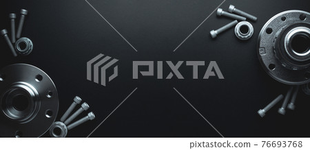Mechanic part. Set of new metal car part. Auto motor mechanic spare or automotive piece isolated on black banner background. Automobile engine service with space for text. Mechanic part. Set of new metal car part. Auto motor mechanic spare or automotive piece isolated on black banner background. Automobile engine service with space for text. 76693768