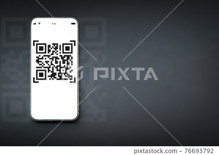 Qr code payment. Digital mobile smart phone with qr code scanner on smartphone screen for payment pay, scan barcode technology on dark background. Online shopping, cashless society concept. Qr code payment. Digital mobile smart phone with qr code scanner on smartphone screen for payment pay, scan barcode technology on dark background. Online shopping, cashless society concept. 76693792