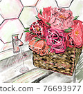 Hand-drawn bright colorful stylized abstract fashion illustration of a wicker basket with peonies and roses flowers, which stands on the edge of the sink in abstract bathroom interior 76693977