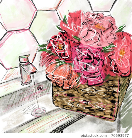 Hand-drawn bright colorful stylized abstract fashion illustration of a wicker basket with peonies and roses flowers, which stands on the edge of the sink in abstract bathroom interior Hand-drawn bright colorful stylized abstract fashion illustration of a wicker basket with peonies and roses flowers, which stands on the edge of the sink in abstract bathroom interior 76693977