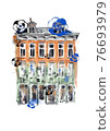 Hand-drawn bright colorful stylized fashion illustration of abstract building, made of glass and brick, decorated with abstract flowers . Fashion gift postcard. 76693979