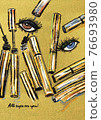Hand-drawn bright colorful stylized abstract fashion illustration of eyes with eyelashes and mascara tube container bottles on a golden background. Fashion gift postcard for all make up lovers.  76693980