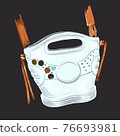 Hand-drawn bright colorful stylized fashion illustration of an imaginary white bag with bright decorative steel and enamel elements, charms, trinkets, and brown leather straps. Fashion gift postcard 76693981