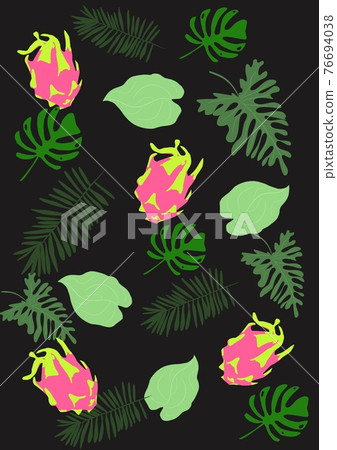 Seamless pattern with lemons, dragon-fruits,  grapefruits and palm leaves on black background. Bright summer tropical fruits illustration. Fruit mix design for fabric and decor. 76694038