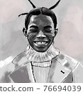 Hand-drawn fashion illustration of an imaginary smiling male afro model figure in abstract high fashion outfit:  coat,  and chunky knit turtle neck sweater, with dreadlocks hairstyle. Fashion postcard 76694039