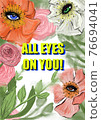 Hand-drawn fashion illustration of a magnolia flower decoration, inside of fairy garden with pink peonies, coral and white camellias, which have eyes, and green leaves. Fashionista greeting card with  76694041
