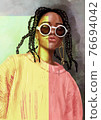 Hand-drawn abstract fashion illustration of imaginary female afro model with dreadlocks hairstyle, with trendy outfit: chunky knit sweater and sunglasses, with a multi color effects background 76694042