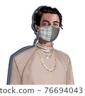 Hand-drawn fashion illustration of an imaginary male man model figure in a high fashion outfit: beige turtle neck sweatshirt, jewelry necklaces, with a mask. Fashion postcard 76694043