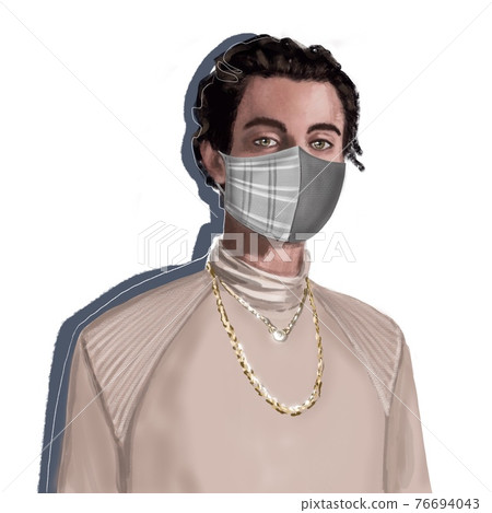 Hand-drawn fashion illustration of an imaginary male man model figure in a high fashion outfit: beige turtle neck sweatshirt, jewelry necklaces, with a mask. Fashion postcard Hand-drawn fashion illustration of an imaginary male man model figure in a high fashion outfit: beige turtle neck sweatshirt, jewelry necklaces, with a mask. Fashion postcard 76694043