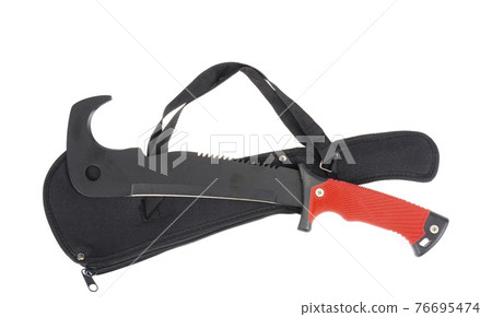 Machete with case isolated on white background. Photo 76695474
